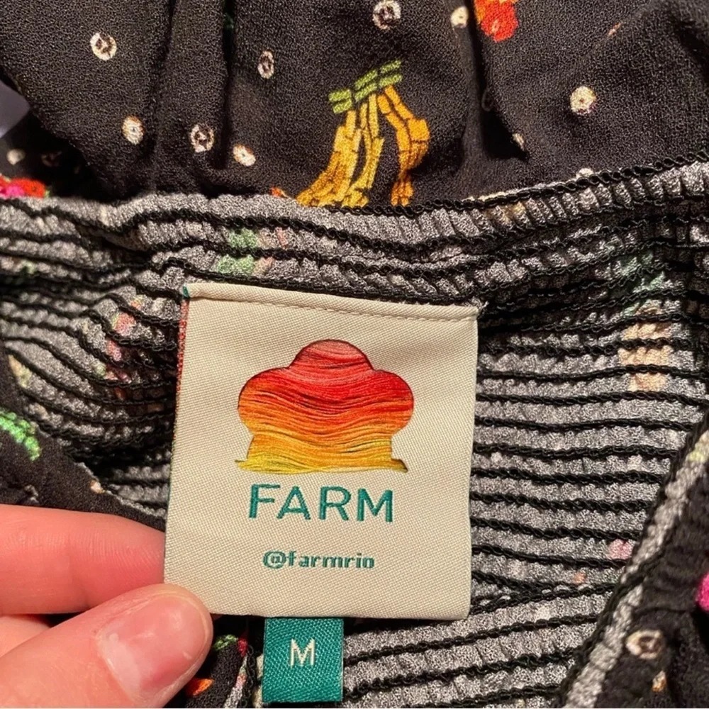 FARM Rio Tiny Fruits Smocked Black Puff Sleeve Mini Tropical Fruit Dress - Picture 10 of 11